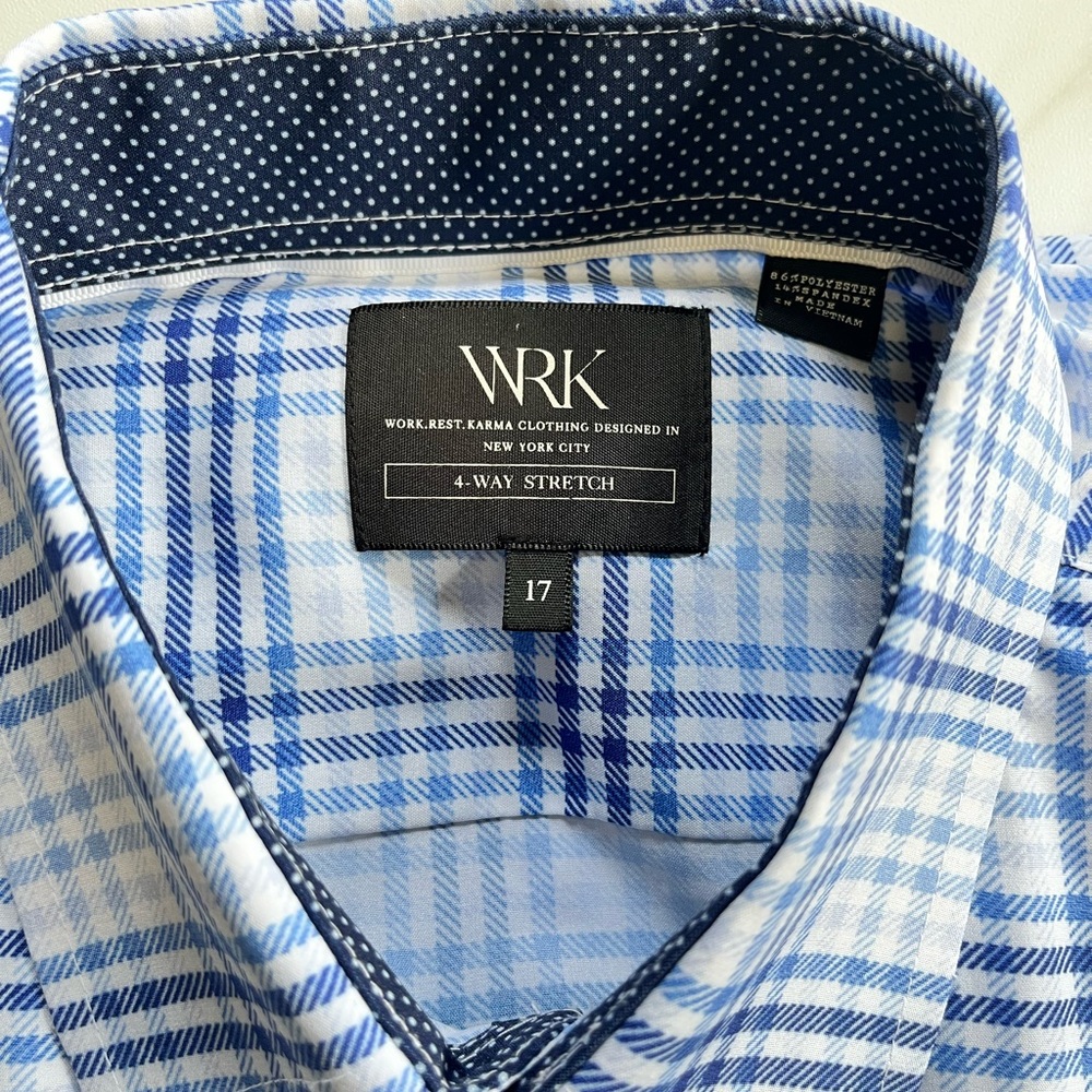 WRK 4-Way Stretch Performance Button Shirt checked blue plaid size 17